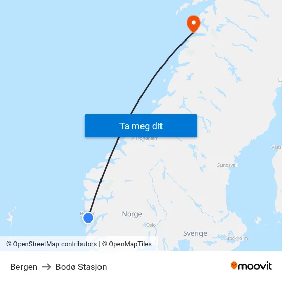 Bergen to Bodø Stasjon map