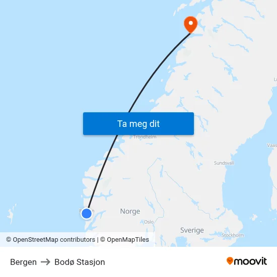 Bergen to Bodø Stasjon map