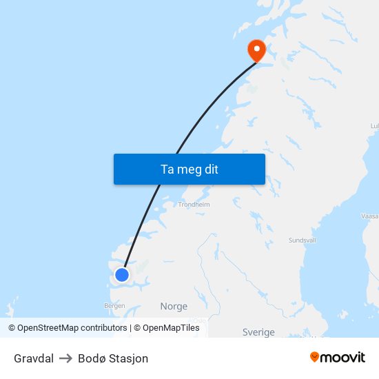 Gravdal to Bodø Stasjon map