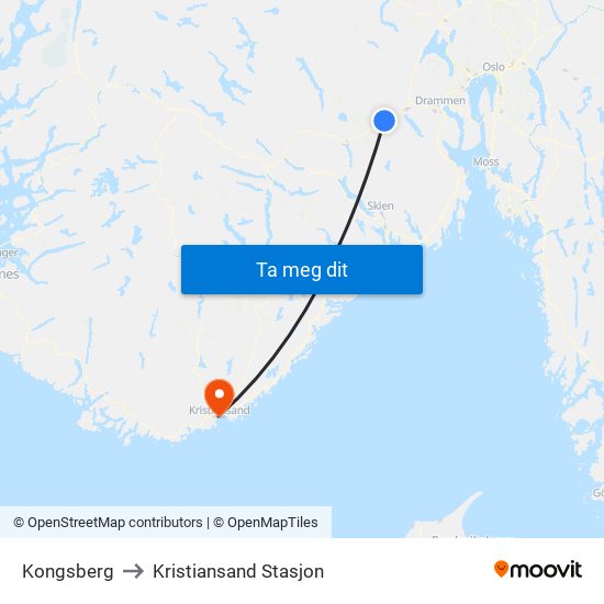 Kongsberg to Kristiansand Stasjon map