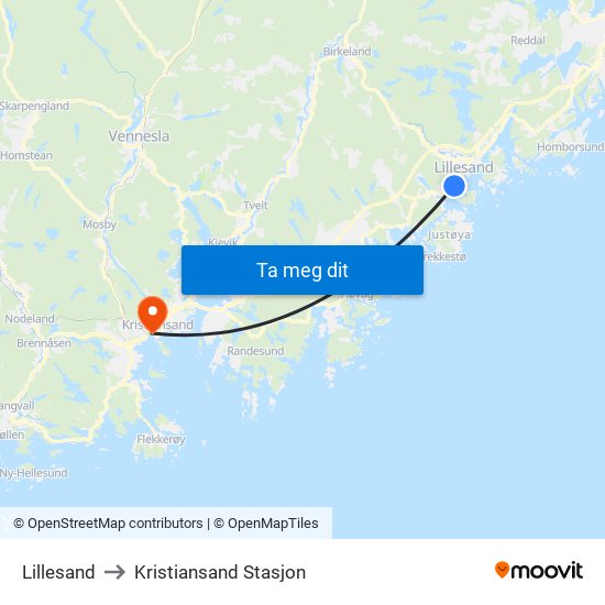 Lillesand to Kristiansand Stasjon map