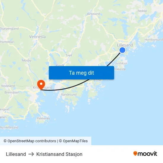 Lillesand to Kristiansand Stasjon map