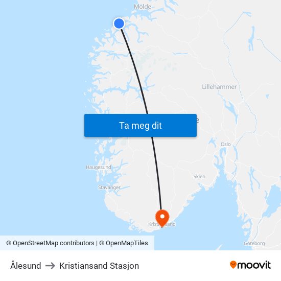 Ålesund to Kristiansand Stasjon map