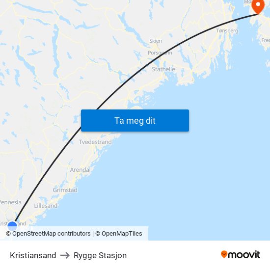 Kristiansand to Rygge Stasjon map