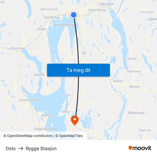 Oslo to Rygge Stasjon map