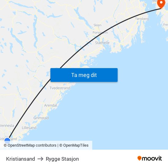 Kristiansand to Rygge Stasjon map
