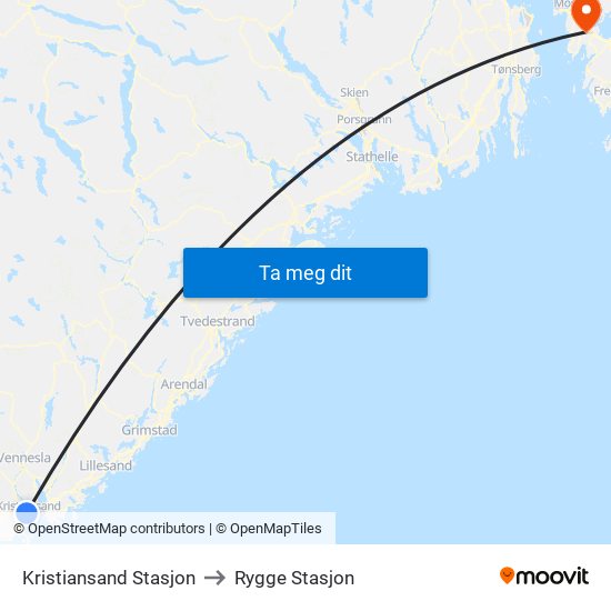 Kristiansand Stasjon to Rygge Stasjon map