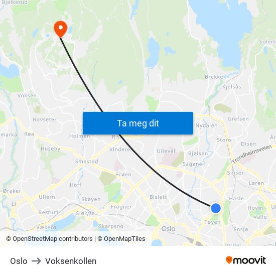 Oslo to Voksenkollen map