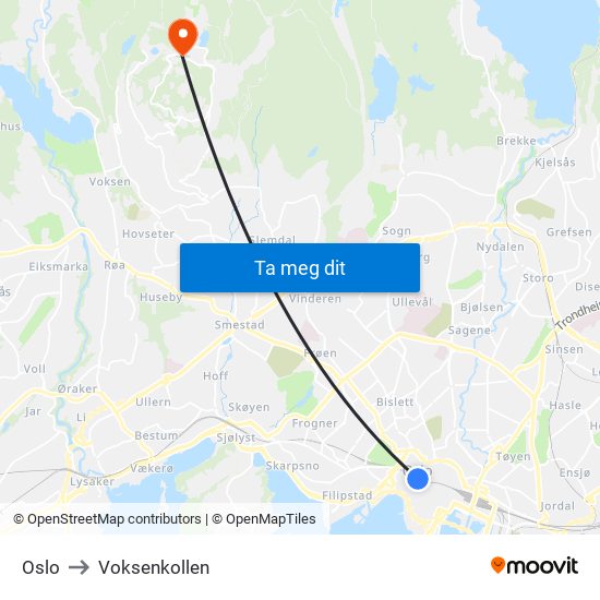Oslo to Voksenkollen map