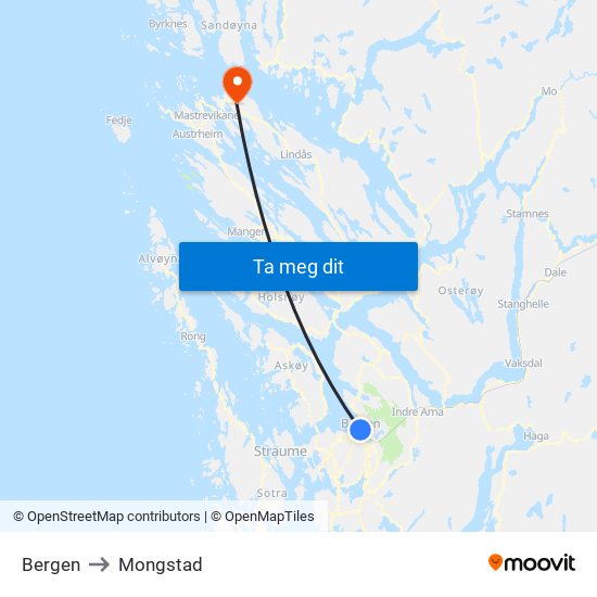 Bergen to Mongstad map
