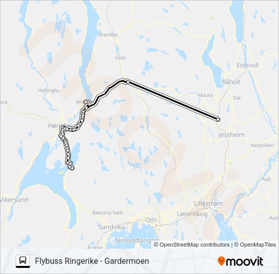 FLYBUSS RINGERIKE - GARDERMOEN Bus Line Map