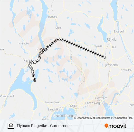FLYBUSS RINGERIKE - GARDERMOEN Bus Line Map