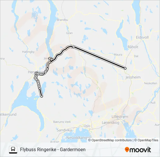 FLYBUSS RINGERIKE - GARDERMOEN Bus Line Map