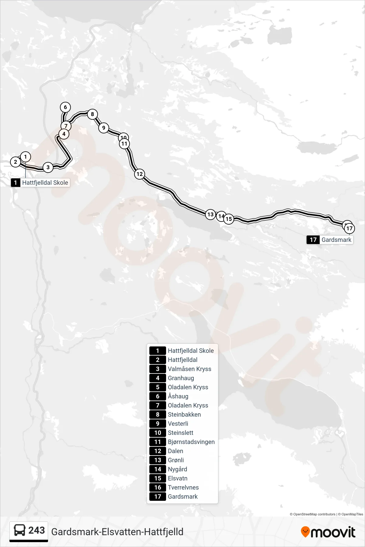 243 bus Line (Gardsmark) route and stops on a map