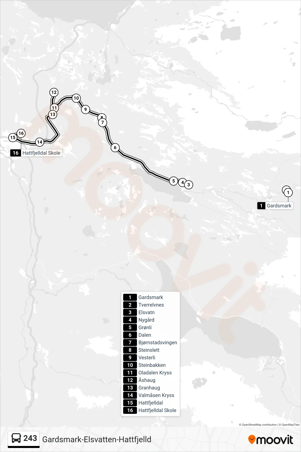 Rute og stopp på kart for linje 243 buss, Hattfjelldal)