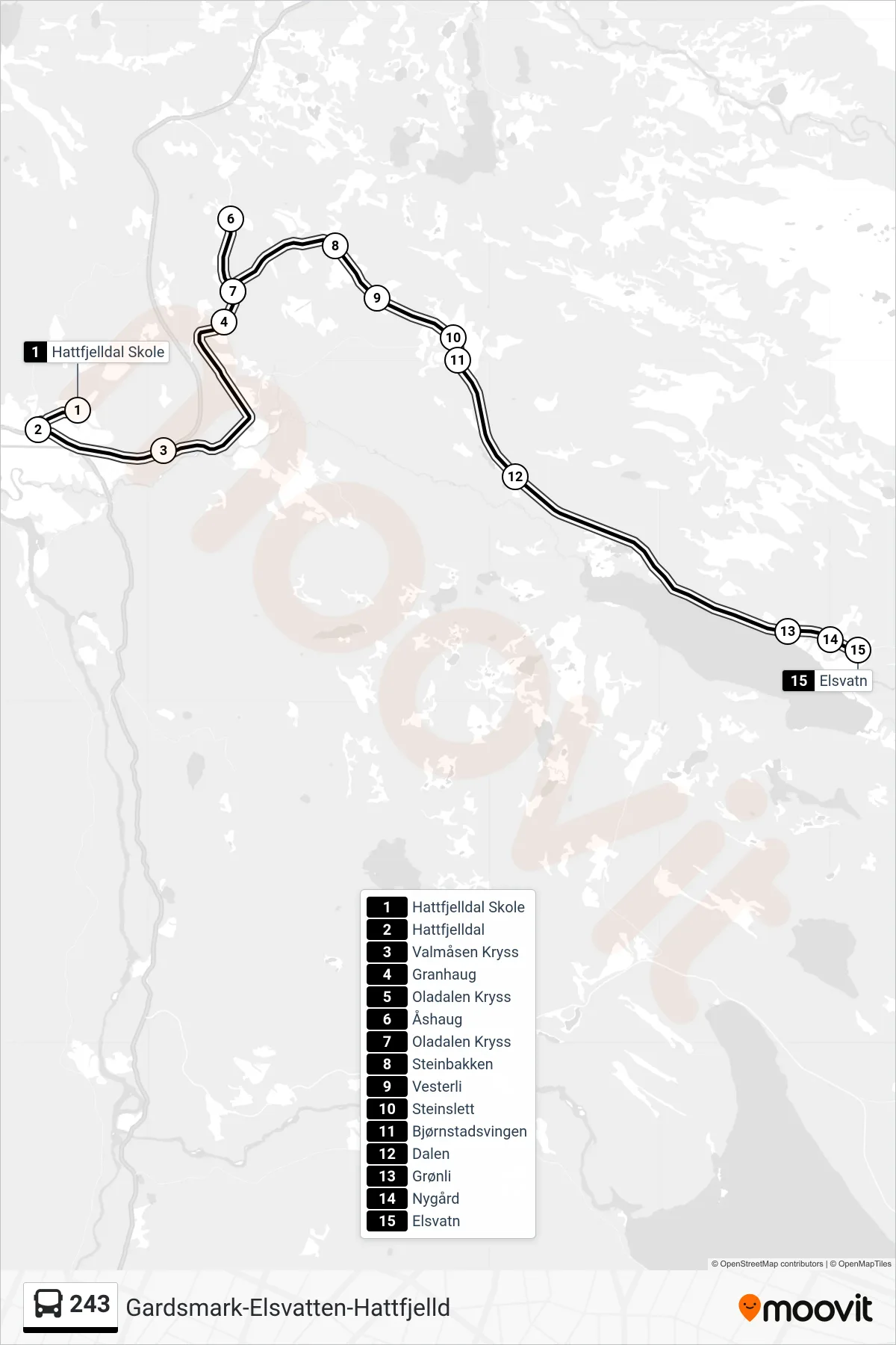 243 bus Line (Elsvatn) route and stops on a map