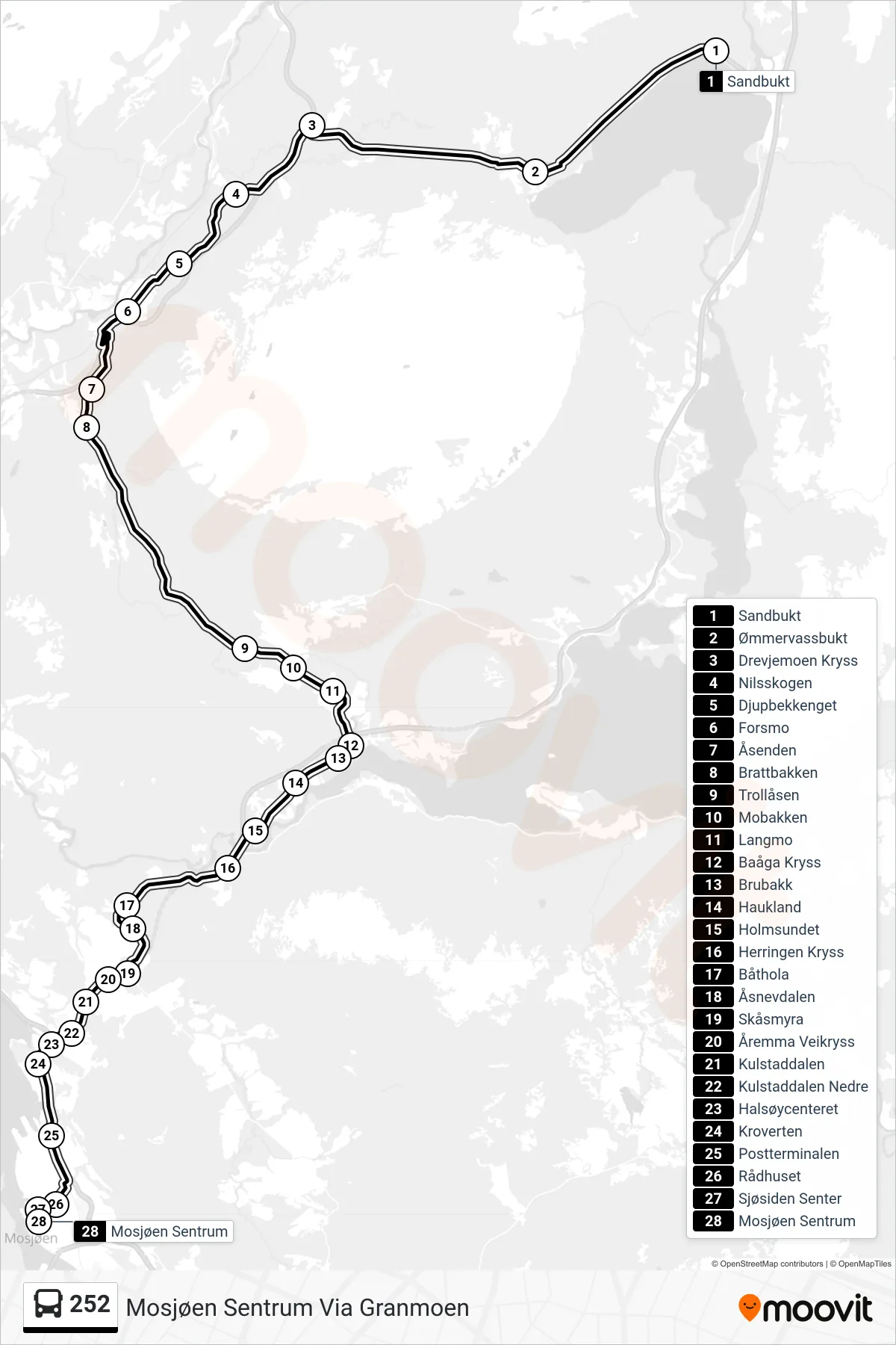 252 bus Line (Mosjøen Sentrum Via Granmoen) route and stops on a map