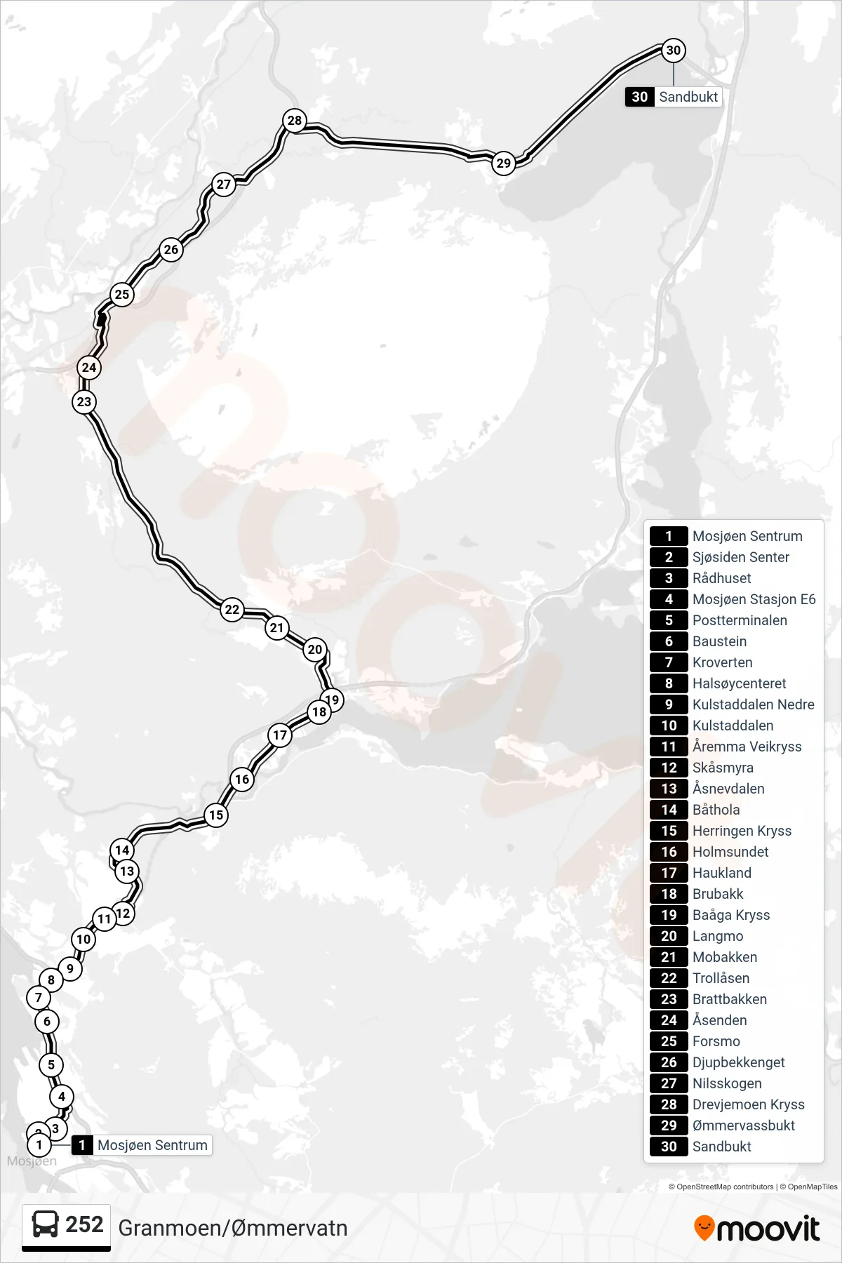 252 bus Line (Granmoen/Ømmervatn) route and stops on a map