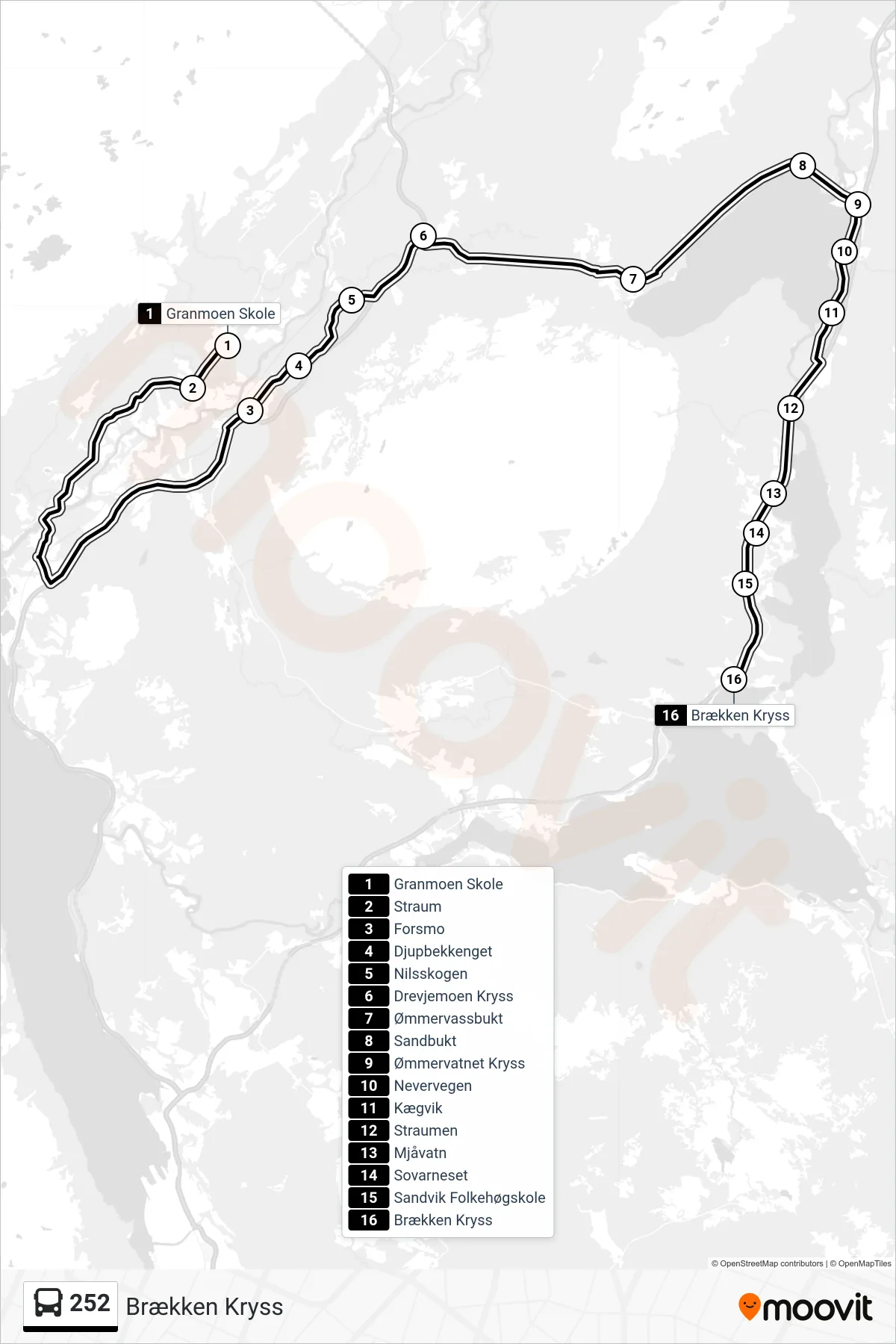 252 bus Line (Brækken Kryss) route and stops on a map