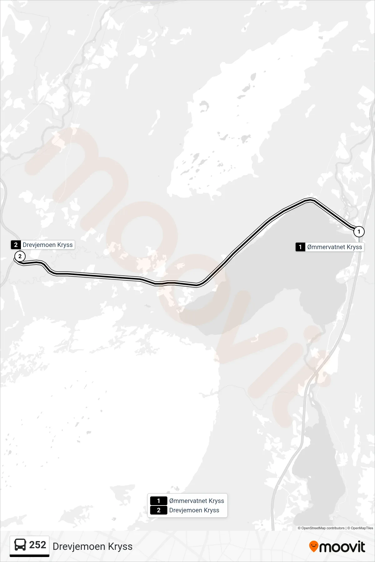 252 bus Line (Drevjemoen Kryss) route and stops on a map