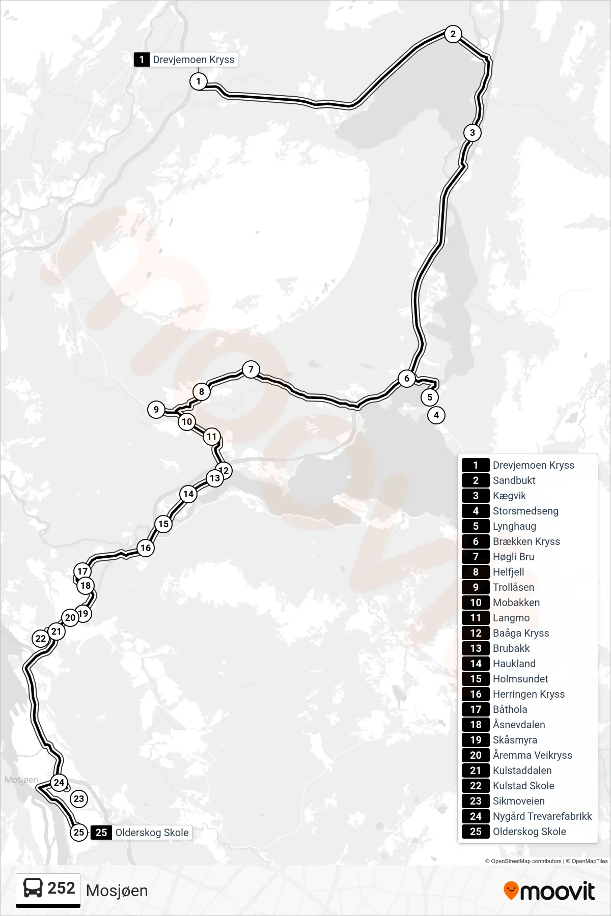 252 bus Line (Mosjøen) route and stops on a map