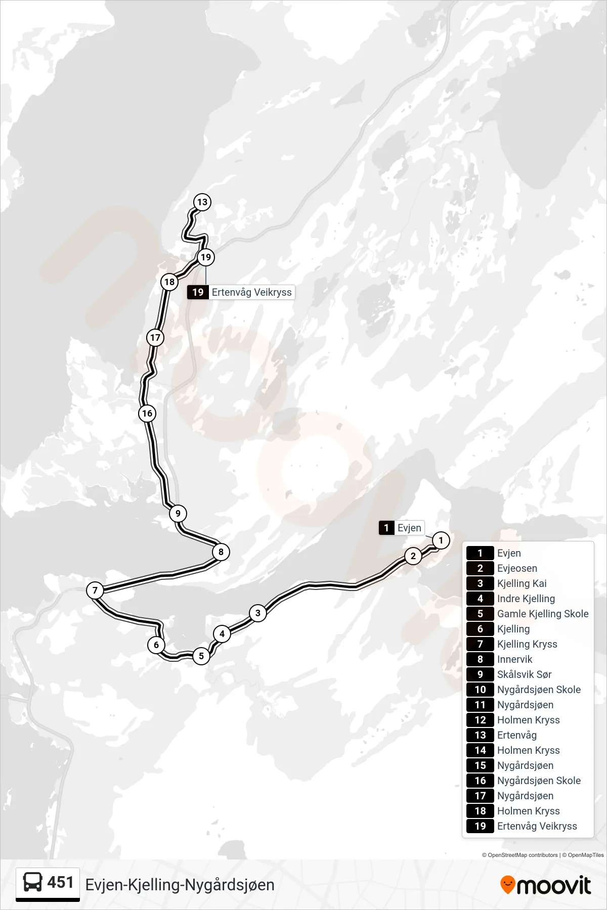 451 bus Line (Ertenvåg Veikryss) route and stops on a map