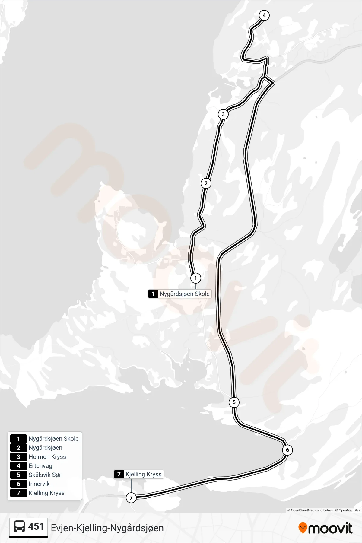 451 bus Line (Kjelling Kryss) route and stops on a map