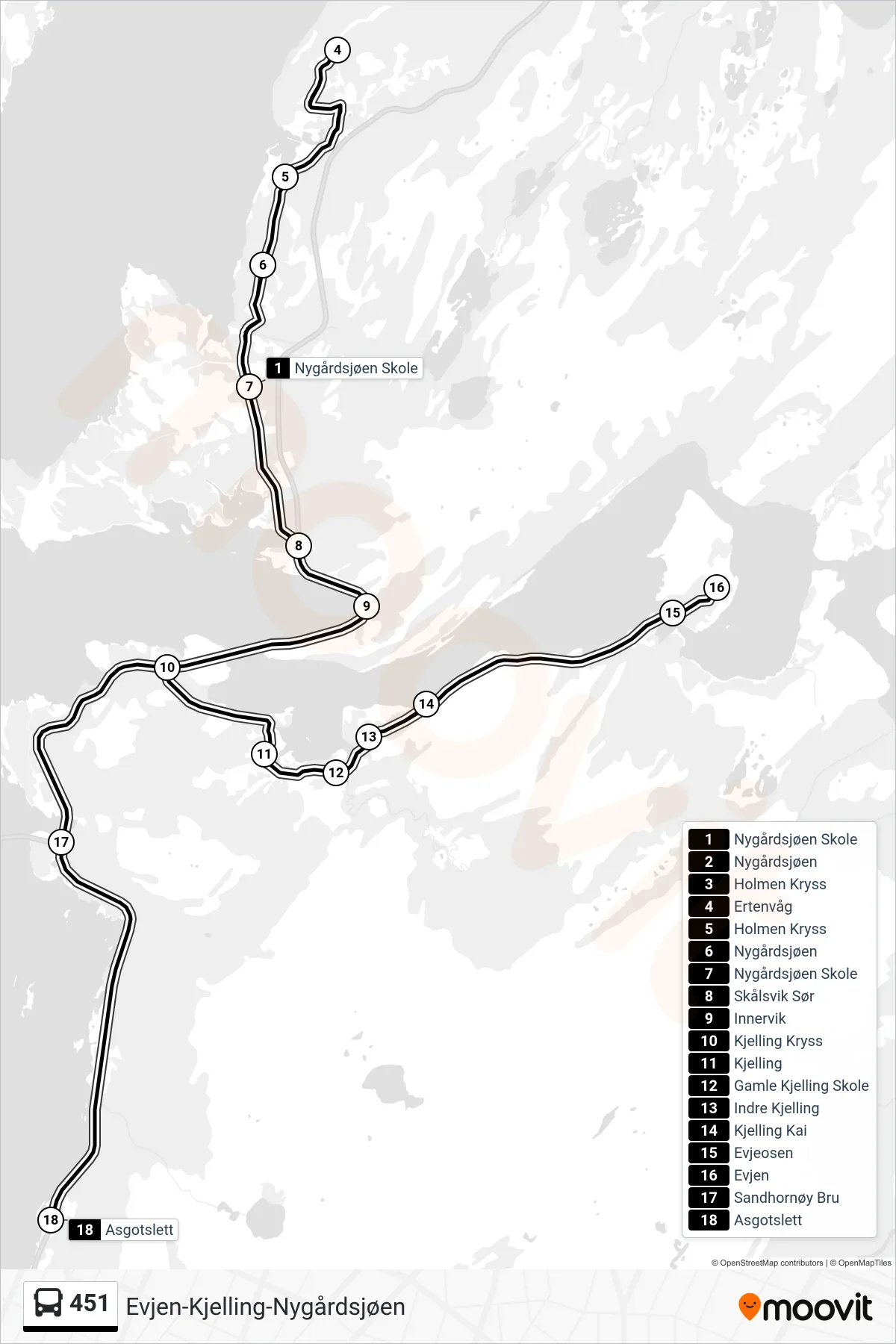 451 bus Line (Asgotslett) route and stops on a map