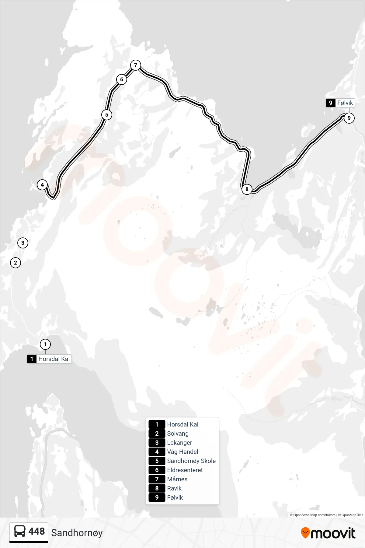 448 bus Line (Følvik) route and stops on a map