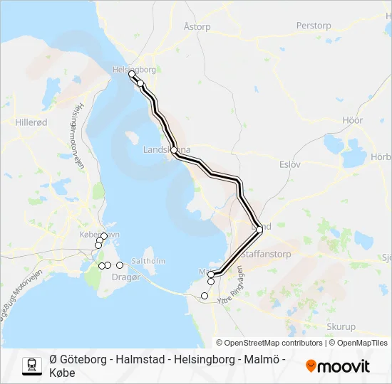 Ø GÖTEBORG - HALMSTAD - HELSINGBORG - MALMÖ - KØBE Train Line Map