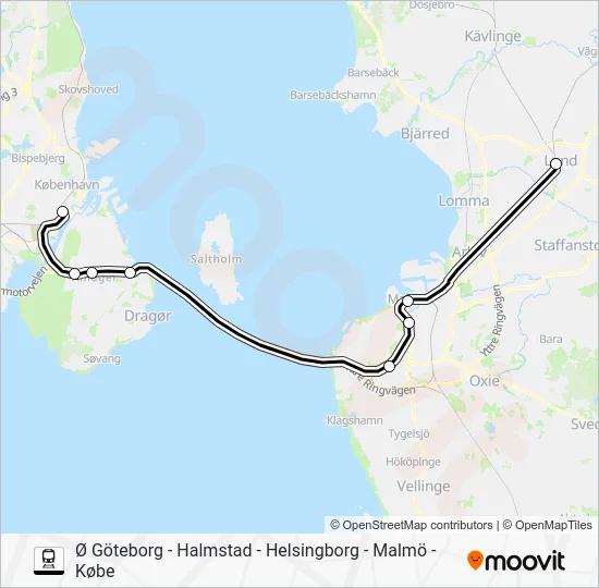 Ø GÖTEBORG - HALMSTAD - HELSINGBORG - MALMÖ - KØBE Train Line Map