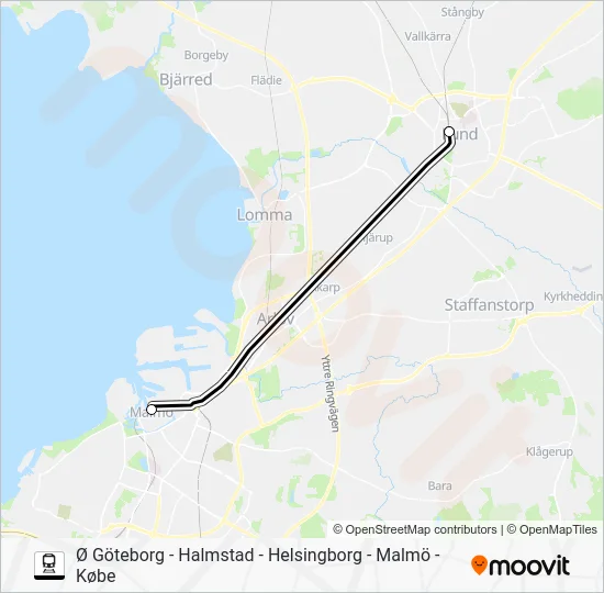 Ø GÖTEBORG - HALMSTAD - HELSINGBORG - MALMÖ - KØBE Train Line Map