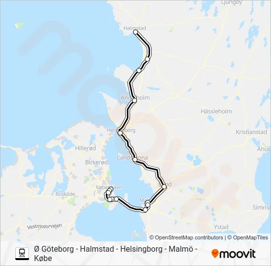 Ø GÖTEBORG - HALMSTAD - HELSINGBORG - MALMÖ - KØBE Train Line Map