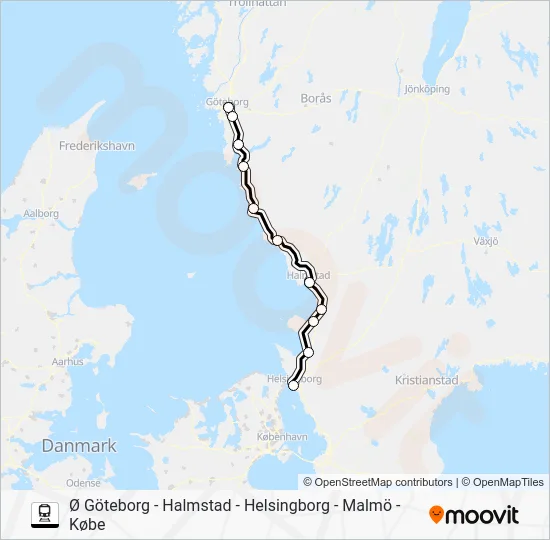 Ø GÖTEBORG - HALMSTAD - HELSINGBORG - MALMÖ - KØBE Train Line Map