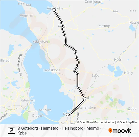 Ø GÖTEBORG - HALMSTAD - HELSINGBORG - MALMÖ - KØBE Train Line Map