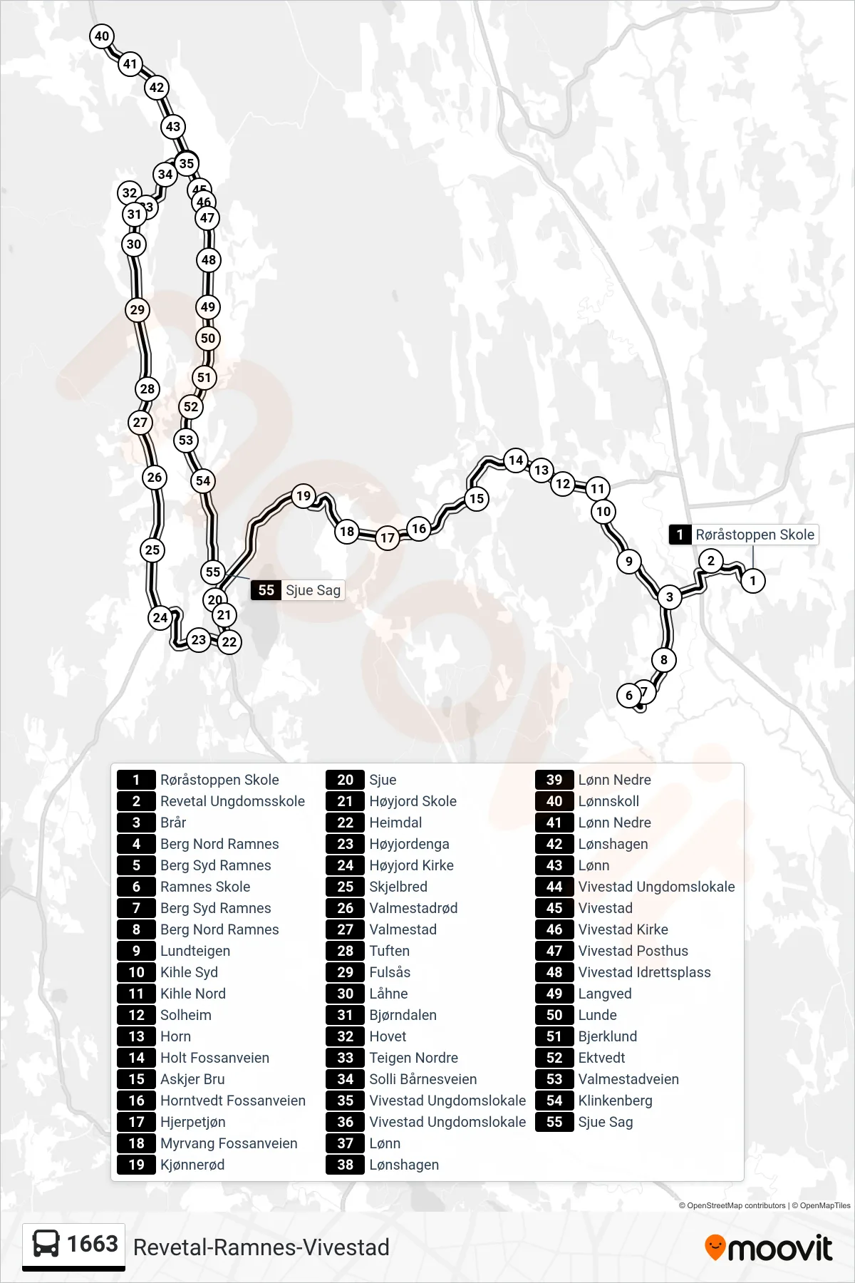 1663 bus Line (Høyjord-Vivestad) route and stops on a map