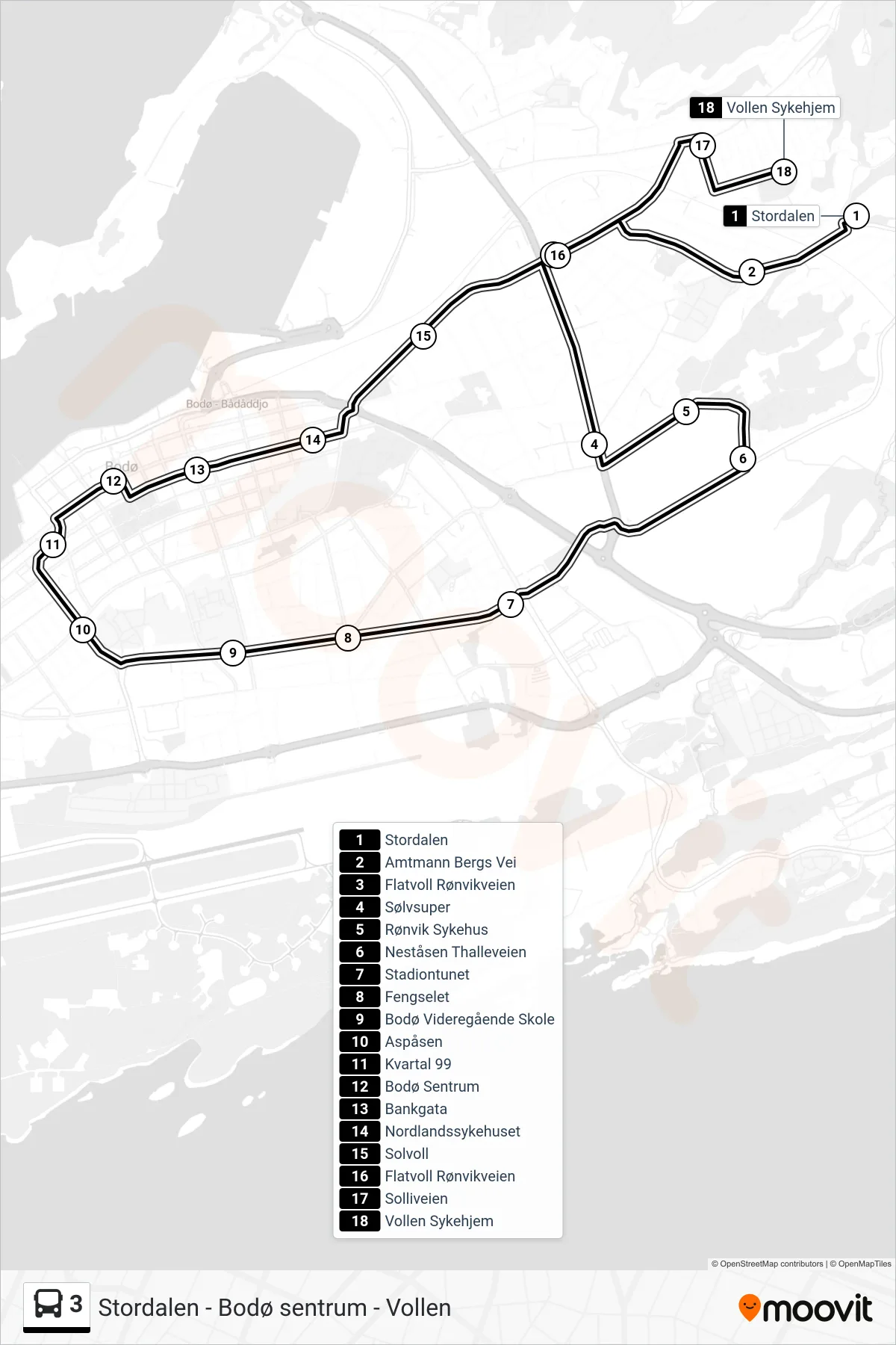 3 bus Line (Vollen) route and stops on a map