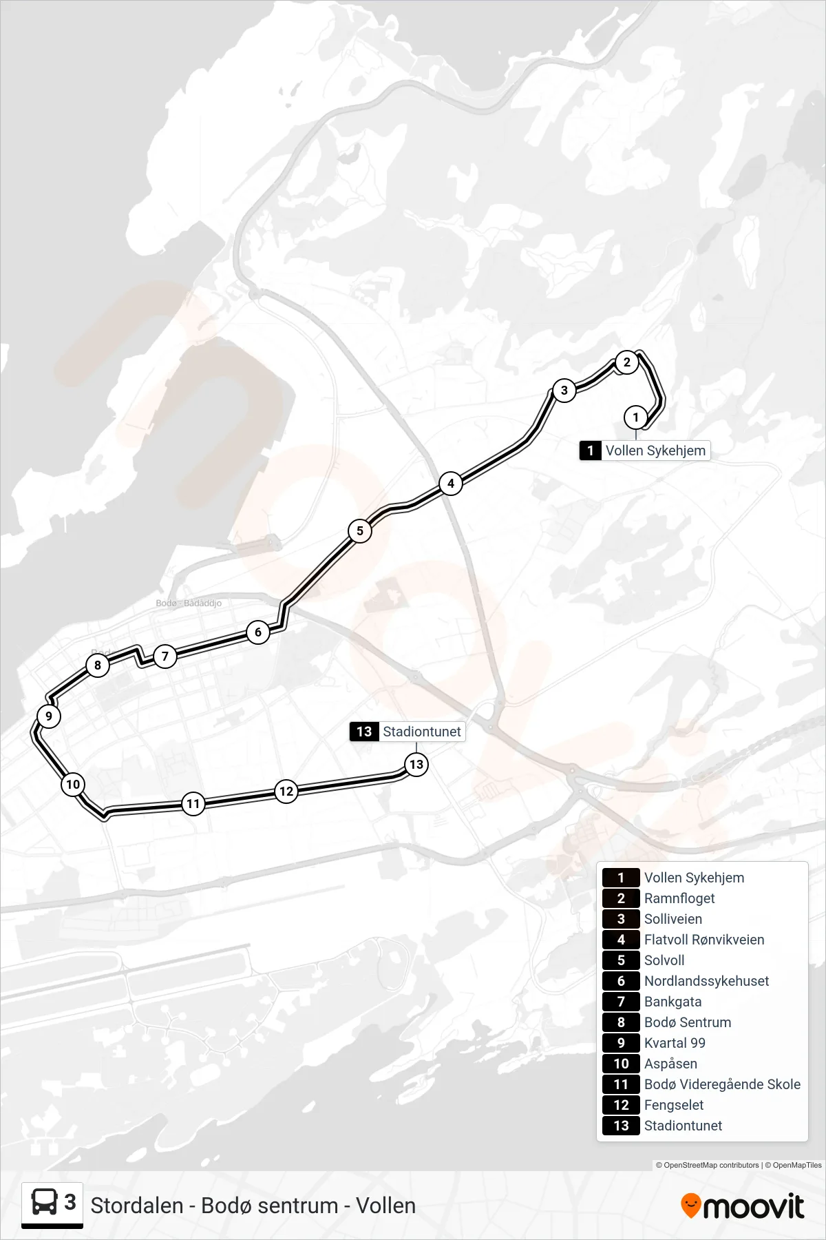 3 bus Line (Stadiontunet) route and stops on a map