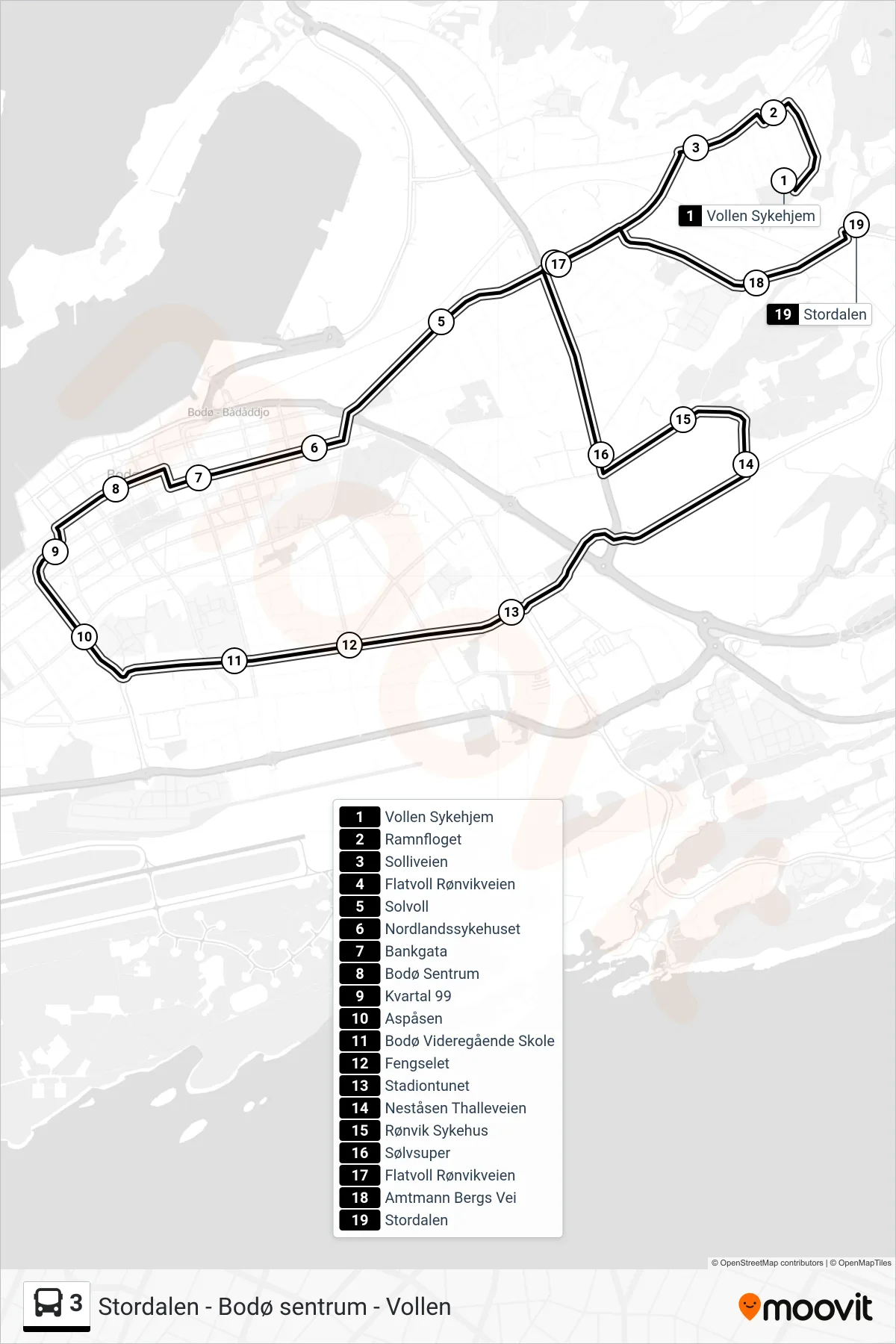 3 bus Line (Stordalen) route and stops on a map
