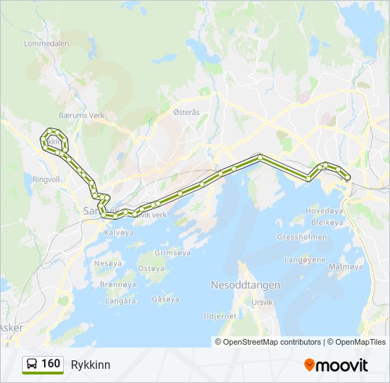160 Rute: rutetider, holdeplasser og kart - Rykkinn (Oppdatert)