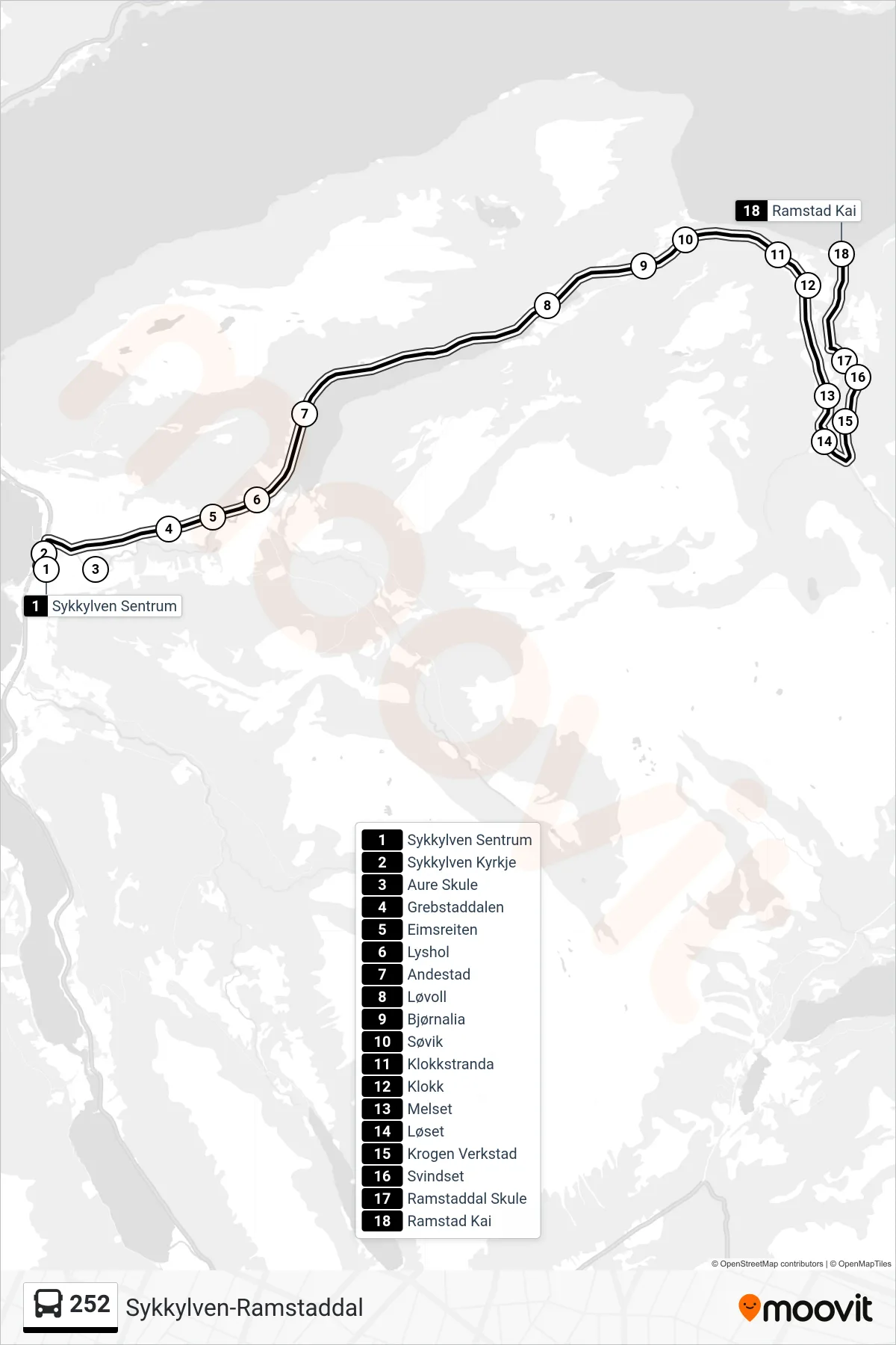 252 bus Line (Ramstaddalen) route and stops on a map
