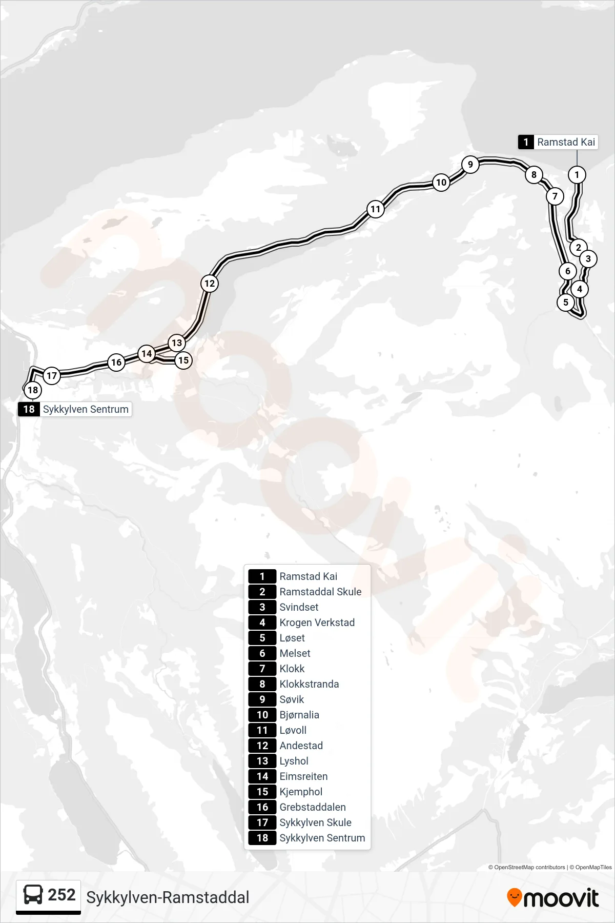 252 bus Line (Sykkylven) route and stops on a map