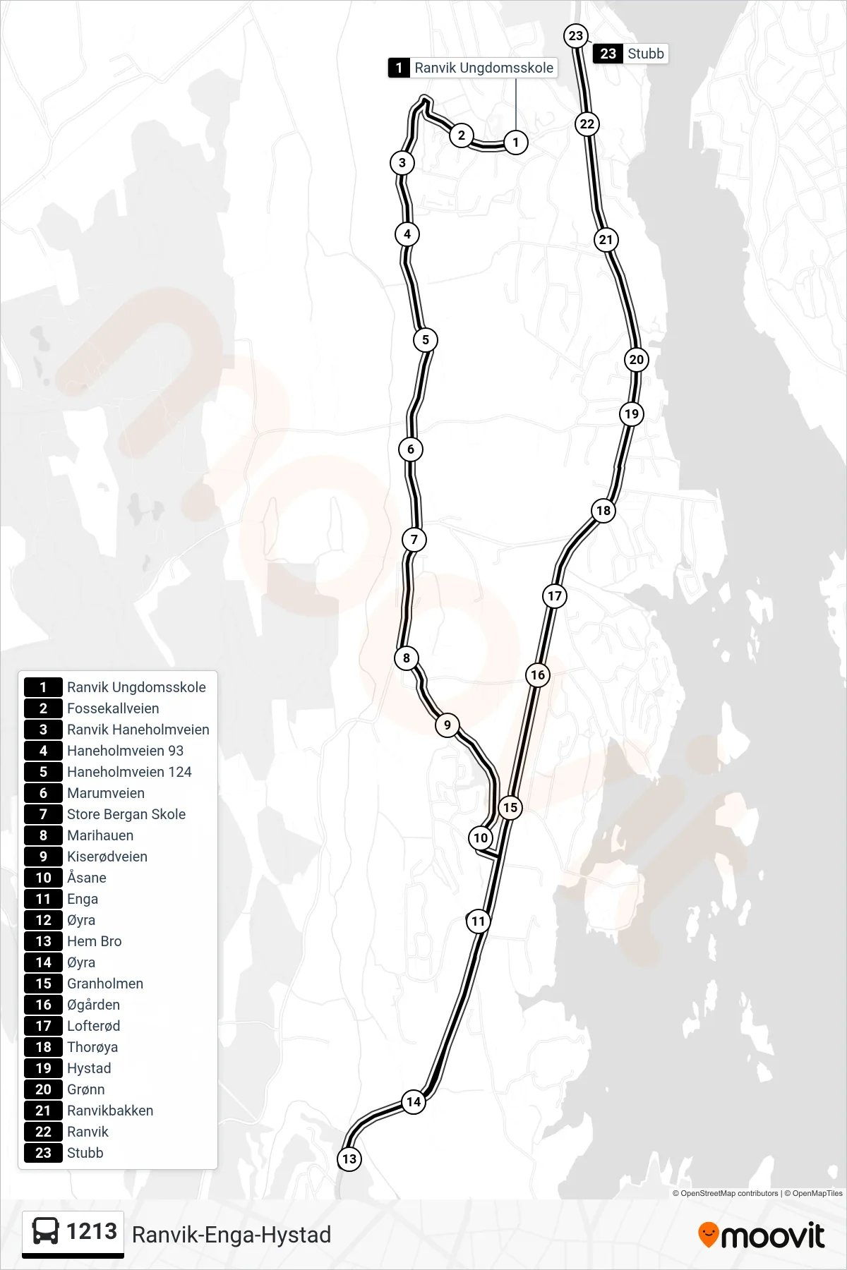 1213 bus Line (Enga-Hystad) route and stops on a map