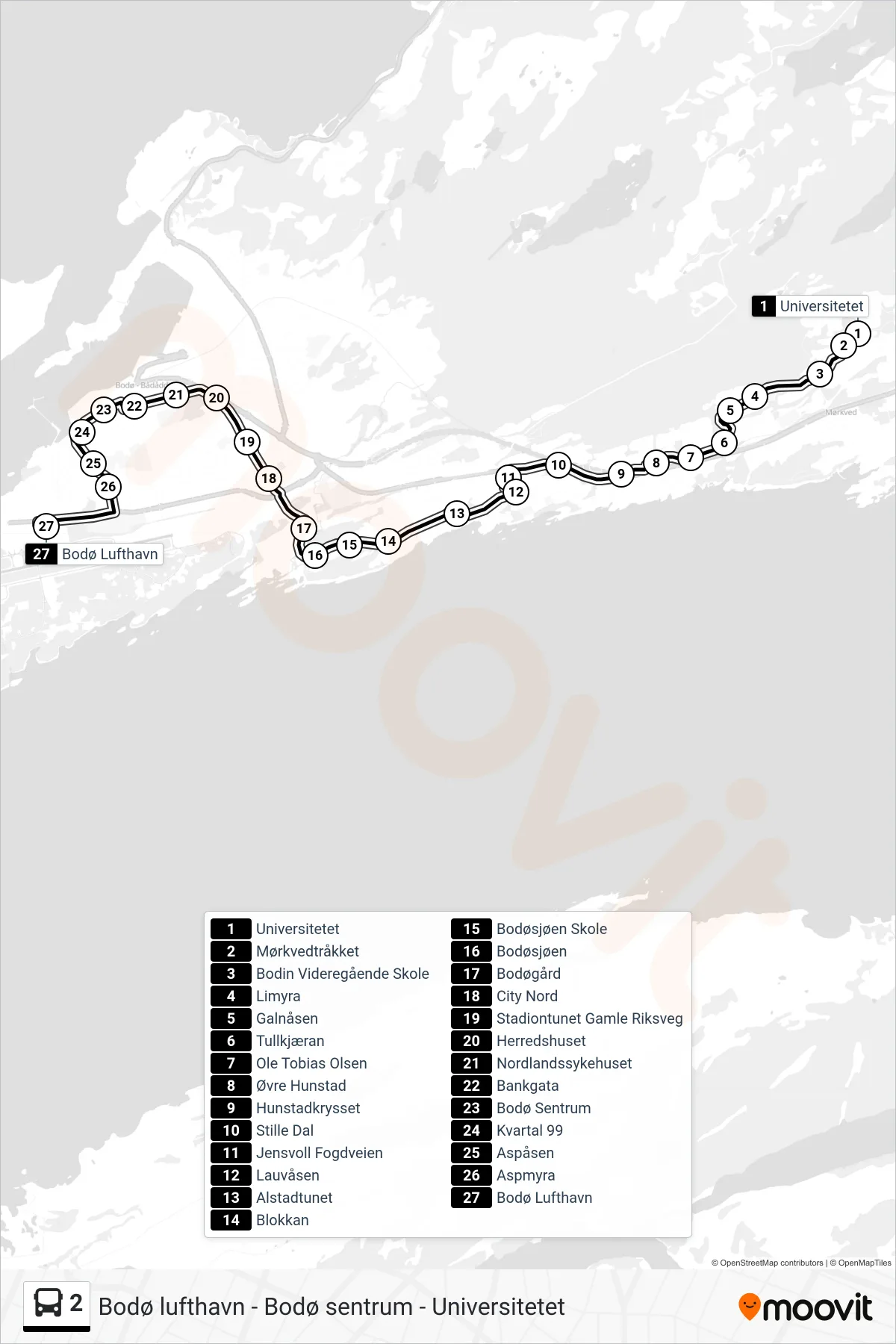Rute og stopp på kart for linje 2 buss, Bodø Lufthavn)