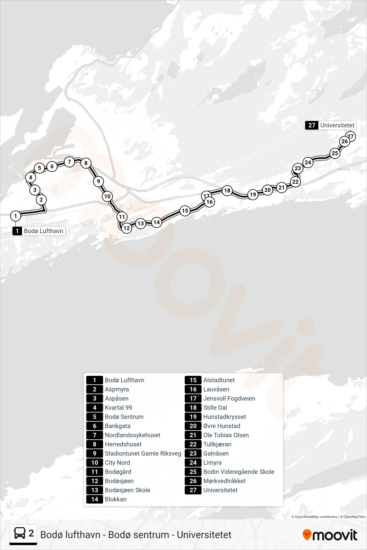 2 bus Line (Universitetet) route and stops on a map