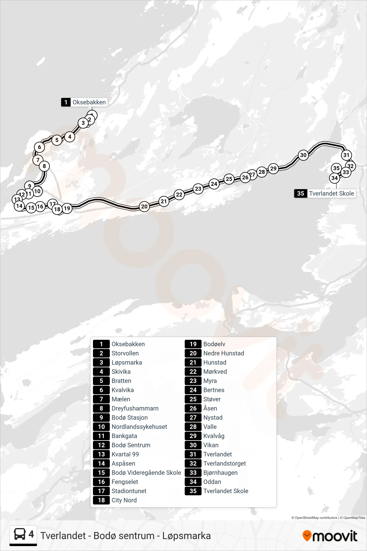 4 bus Line (Tverlandet) route and stops on a map