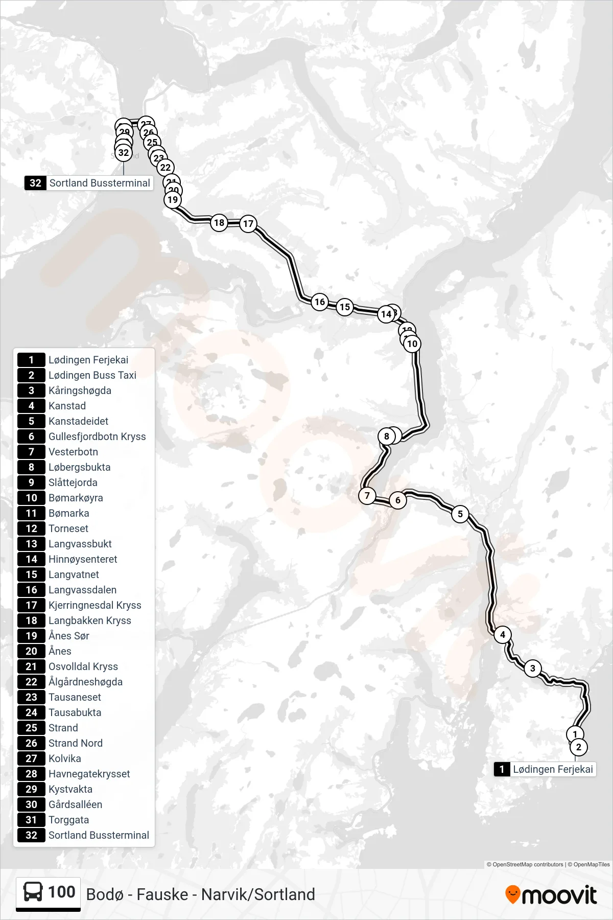 100 bus Line (Sortland Bussterminal) route and stops on a map