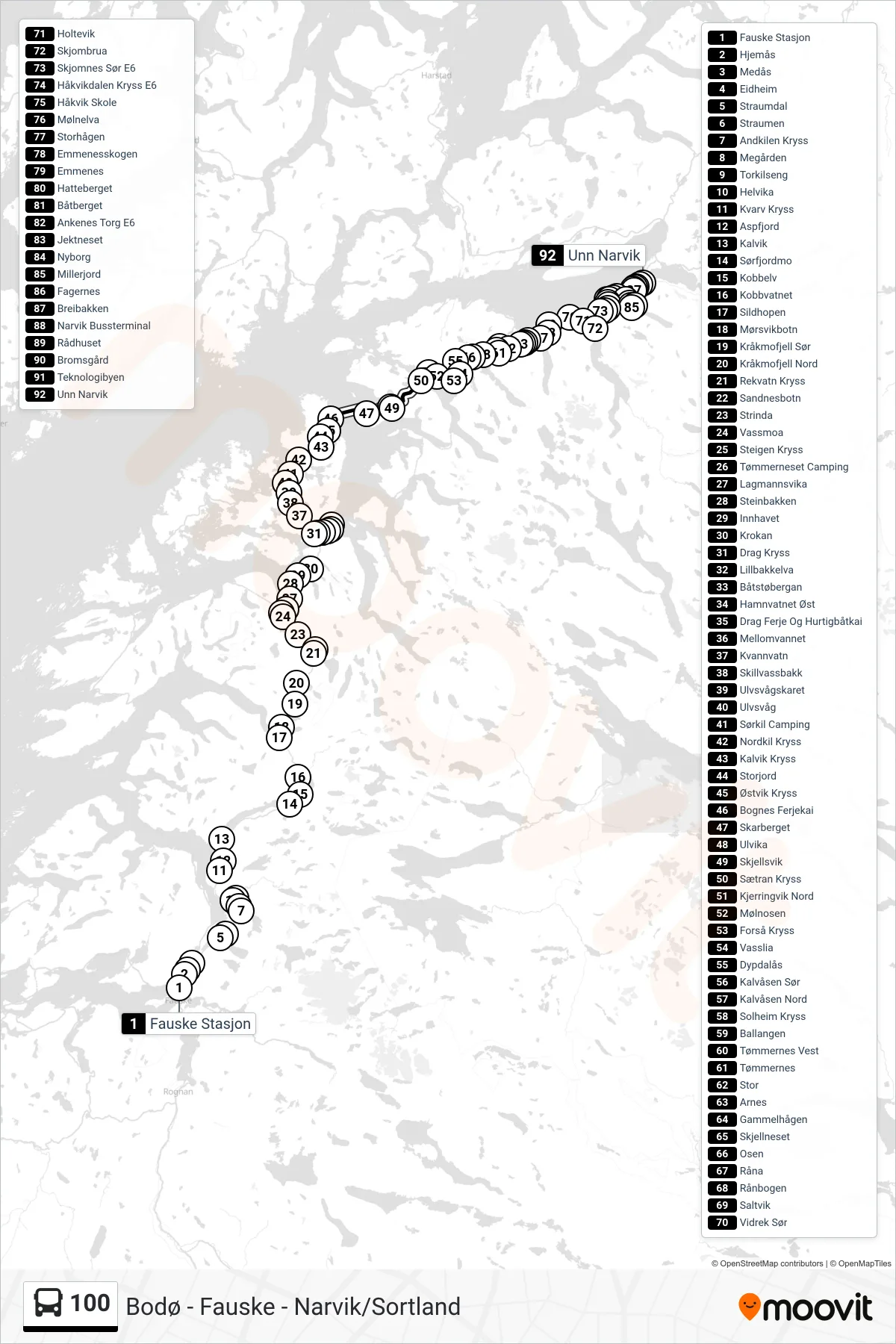 100 bus Line (Narvik) route and stops on a map