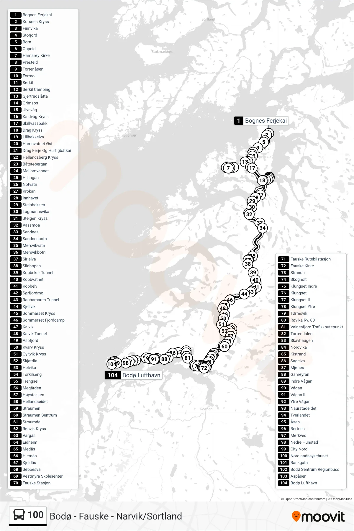 100 bus Line (Bodø Lufthavn) route and stops on a map