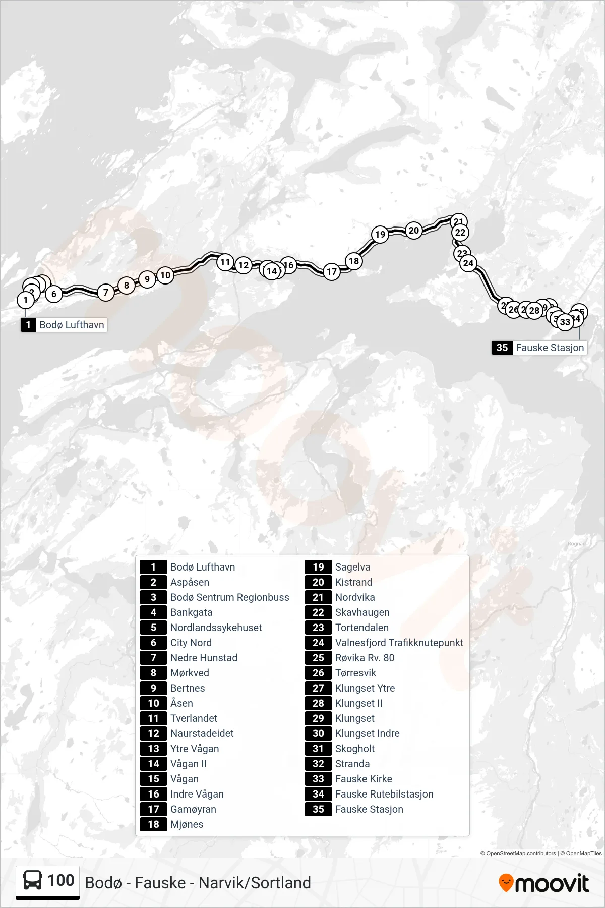 100 bus Line (Fauske - Saltdal) route and stops on a map